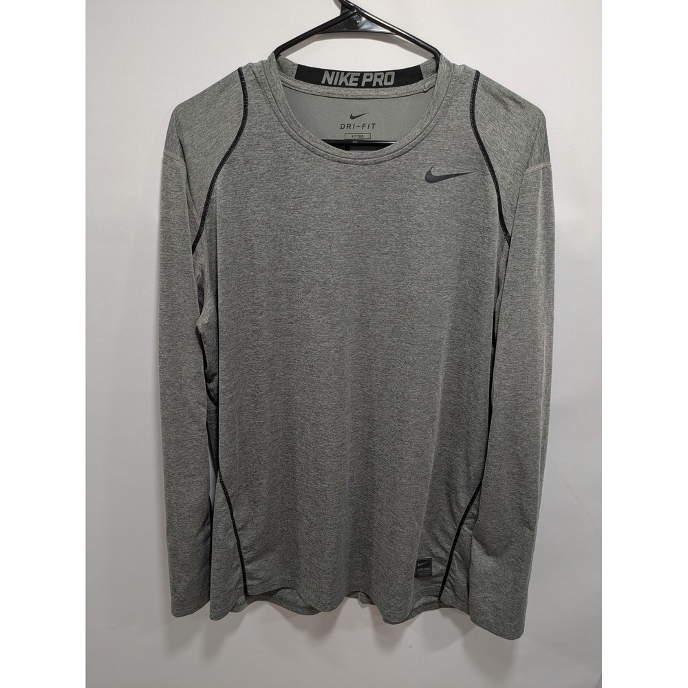Mens Nike Pro Fitted Dri-Fit Gray Long Sleeve Pullover Gym Shirt Size Large L